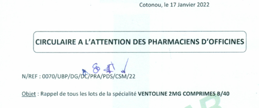 RAPPEL DE LOT VENTOLINE 2MG COMPRIME B/40