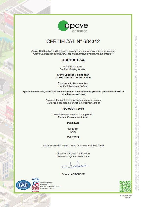 UBPHAR - Certification ISO 9001 : 2015