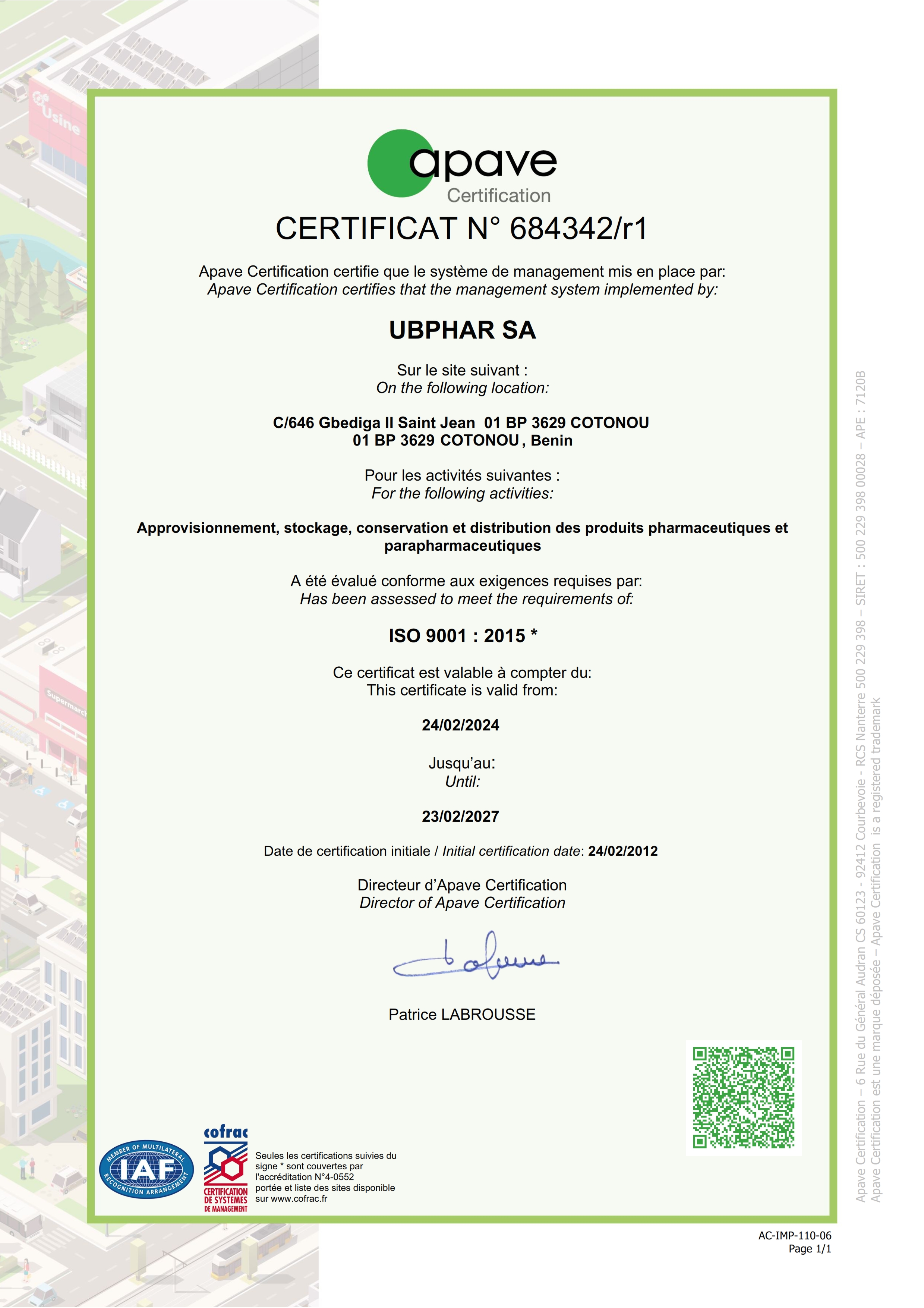 UBPHAR - Certification ISO 9001 : 2015